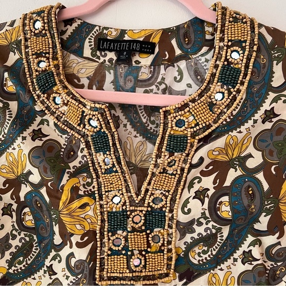 Lafayette 148 New York Paisley Cotton Poplin Tunic with Beaded Neckline Size 0 - Picture 3 of 12